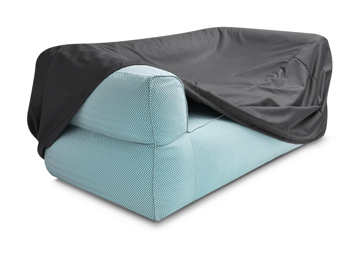 Canapé de jardin droit fixe 2 places NOUR avec pouf avec bâche de protection