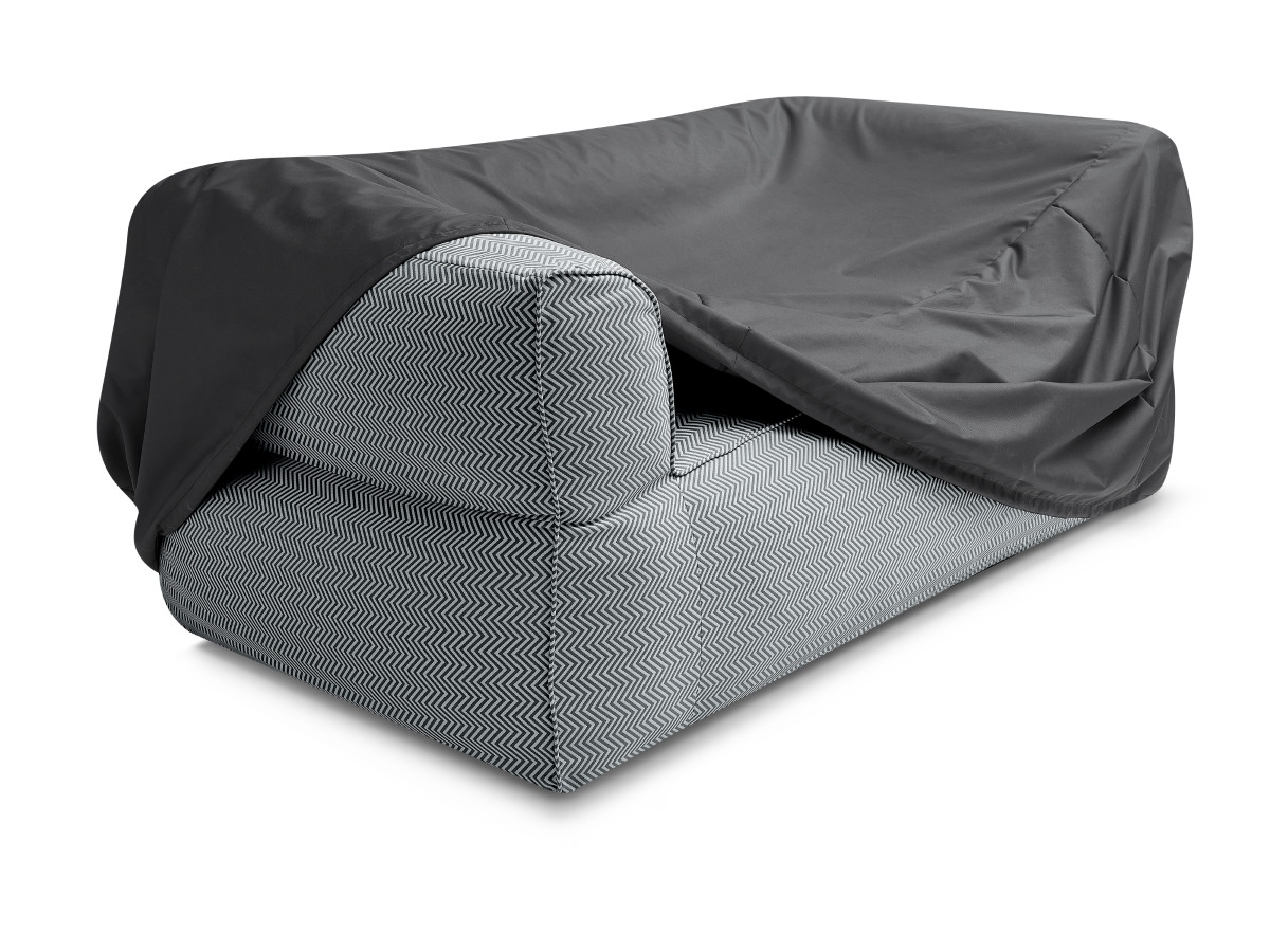 Canapé de jardin droit fixe 2 places NOUR avec pouf avec bâche de protection