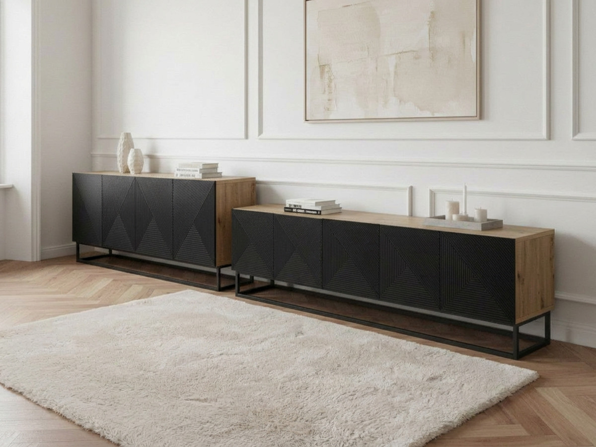 Ensemble ALICE avec Meuble TV 200 cm + Buffet 4 portes 200 cm pieds métal chêne et noir — vue 5