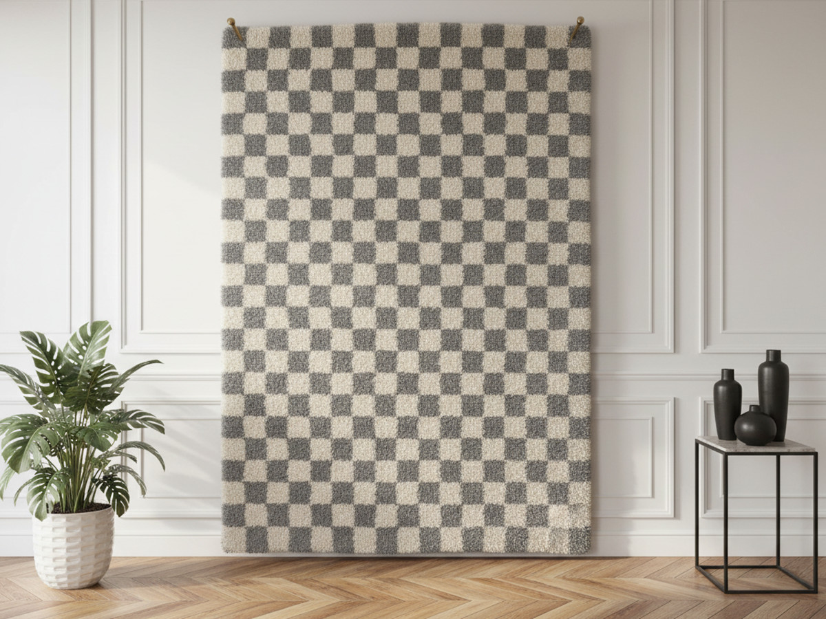 Tapis poils longs DAMIEN motifs damier