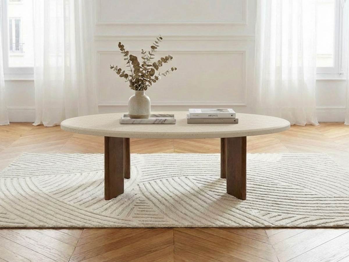 Table basse ovale 110 cm ARYA effet travertin et pieds bois massif de manguier Table basse ovale 110 cm ARYA effet travertin et pieds bois massif de manguier