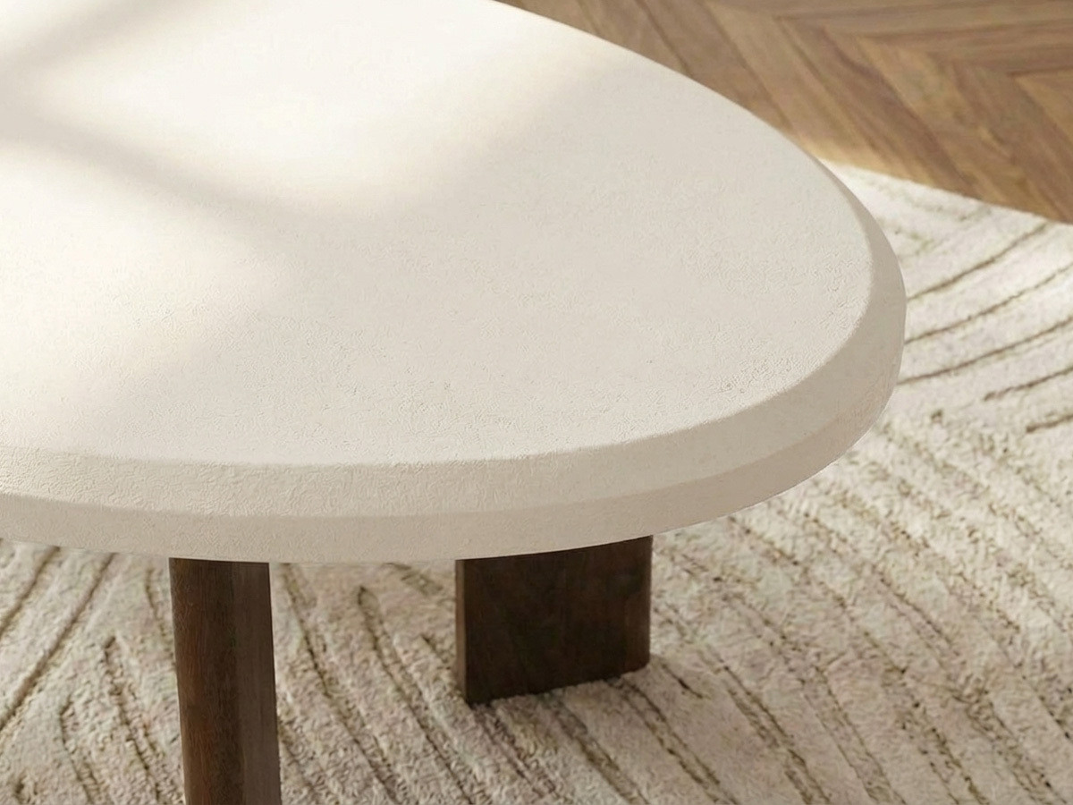 Table basse ovale 110 cm ARYA effet travertin et pieds bois massif de manguier