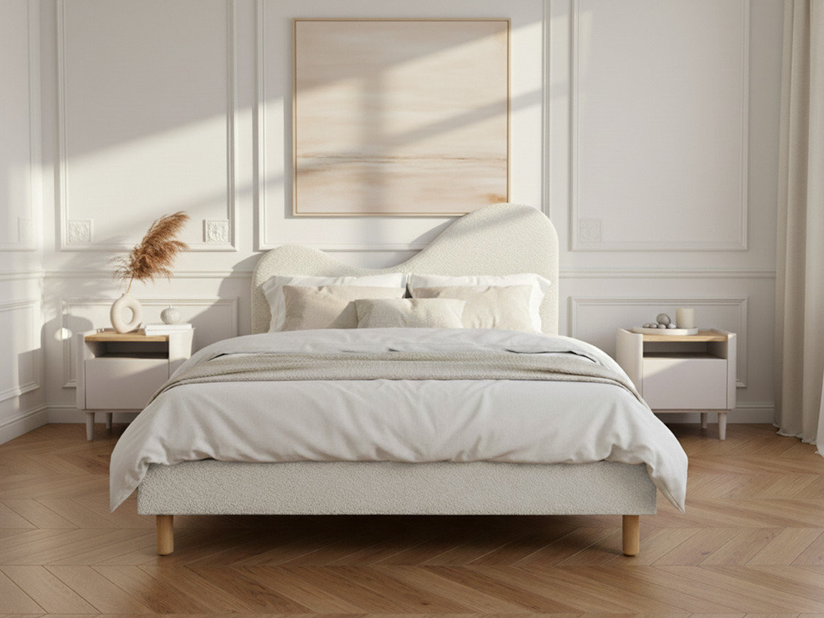 Lit CELINA tissu bouclette avec lattes massives