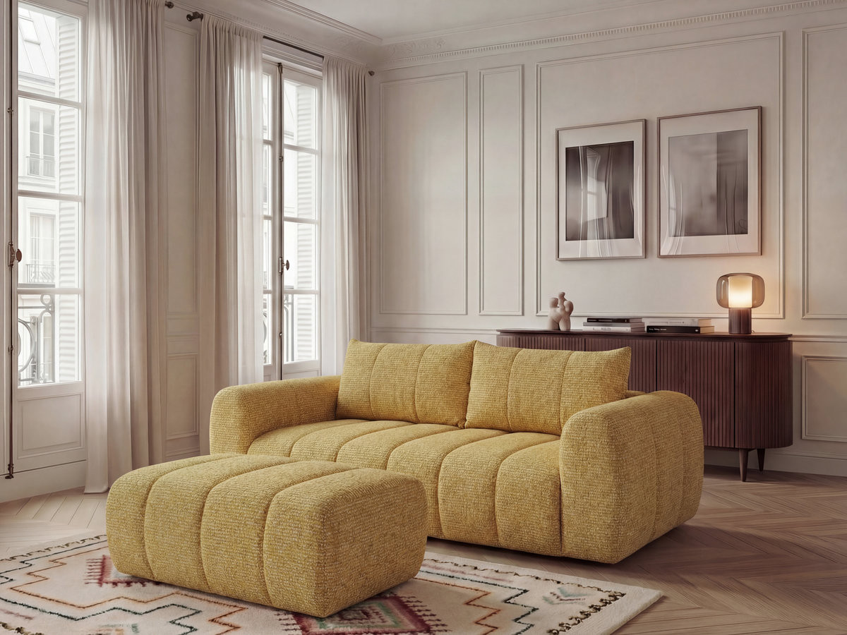 Canapé droit 3 places NESTY chiné avec pouf jaune