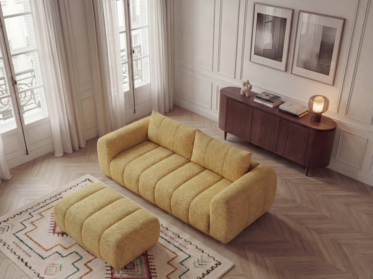 Canapé droit 3 places NESTY chiné avec pouf jaune — vue 5