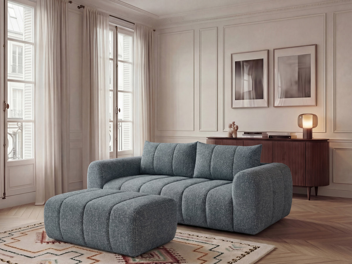 Canapé droit 3 places NESTY chiné avec pouf bleu