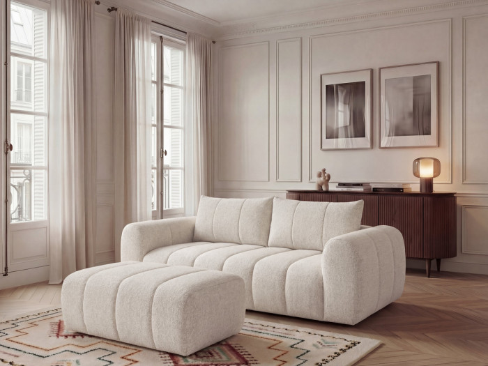 Canapé droit fixe 3 places NESTY tissu chiné avec pouf
