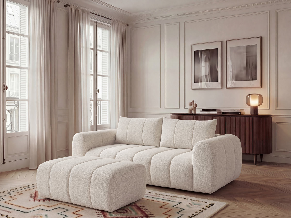 Canapé droit fixe 3 places NESTY tissu chiné avec pouf