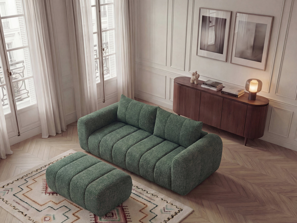 Canapé droit 3 places NESTY chiné avec pouf vert foncé — vue 5