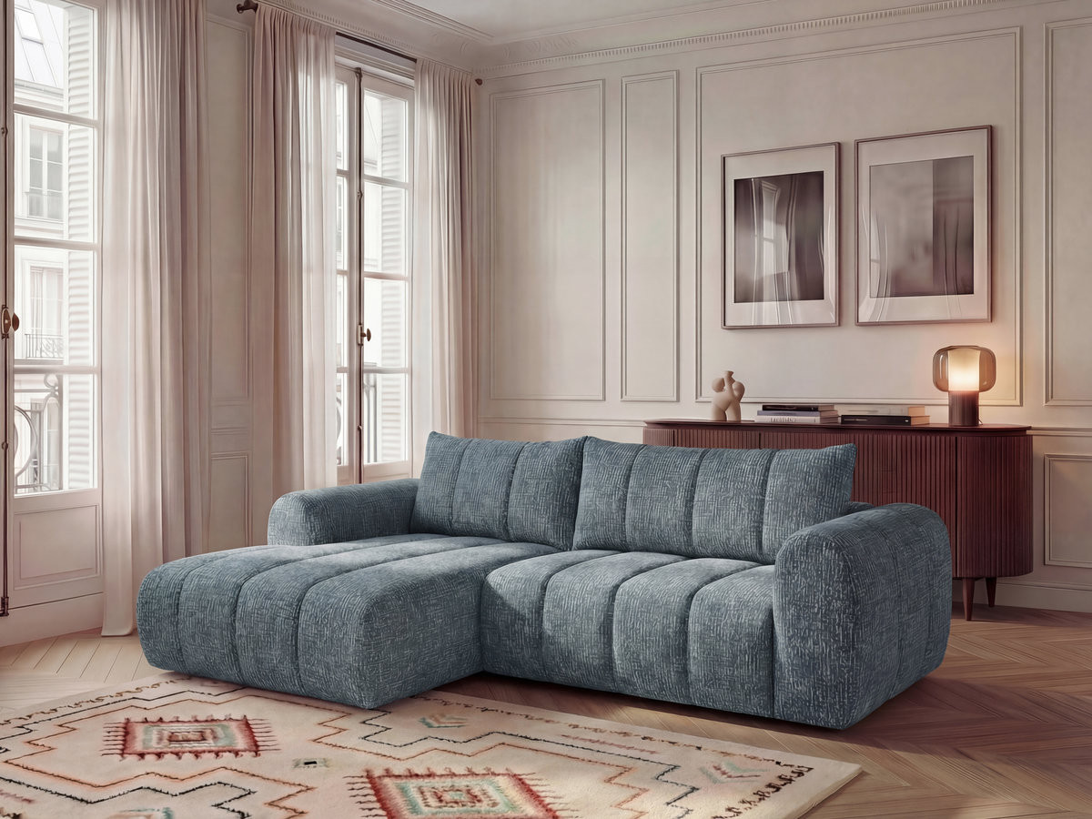 Canapé d'angle fixe NESTY tissu chiné bleu  angle gauche BOBOCHIC 3 places