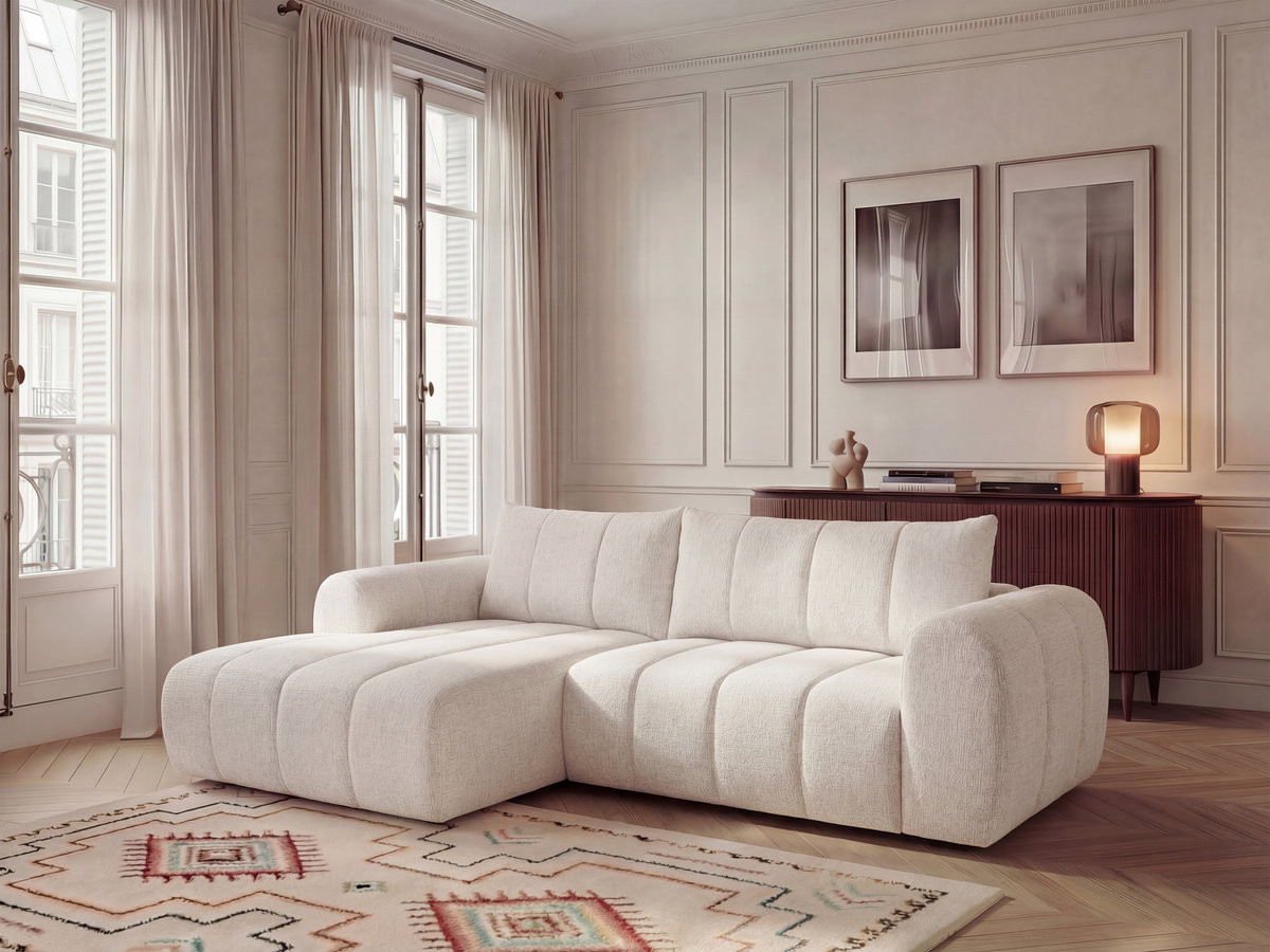 Canapé d'angle fixe NESTY tissu chiné beige angle gauche BOBOCHIC 3 places