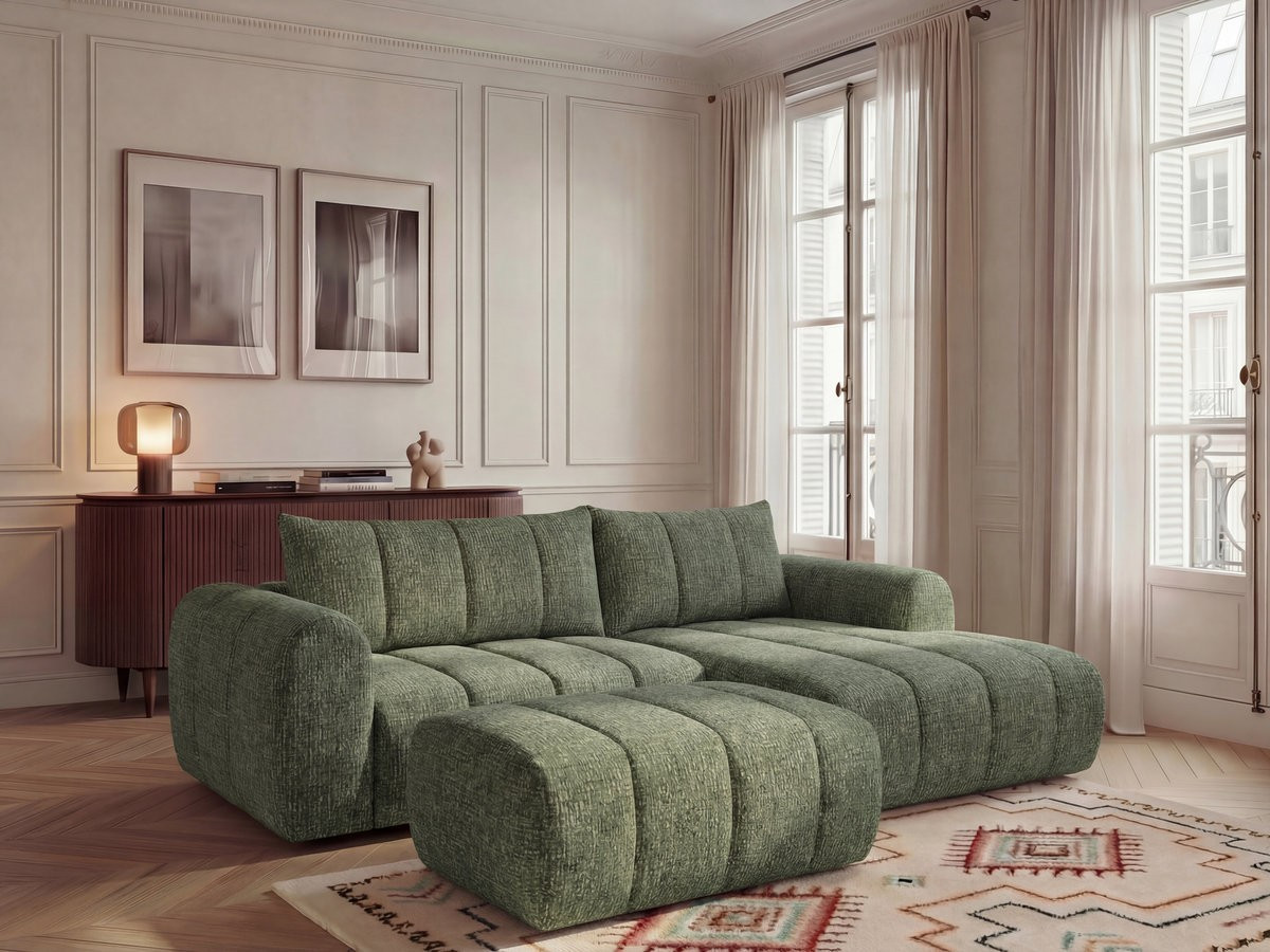 Canapé d'angle fixe NESTY tissu chiné avec pouf