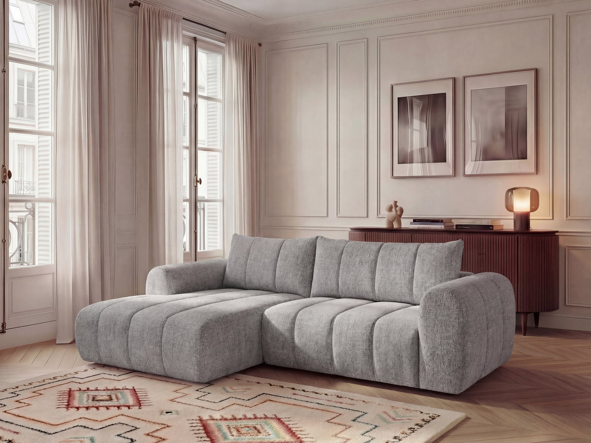 Canapé d'angle fixe NESTY tissu chiné gris clair  angle gauche BOBOCHIC 3 places