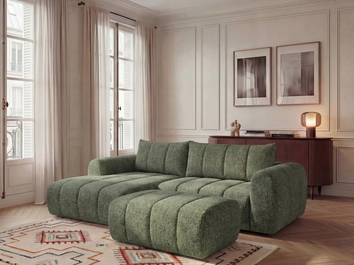 Canapé d'angle fixe NESTY tissu chiné avec pouf