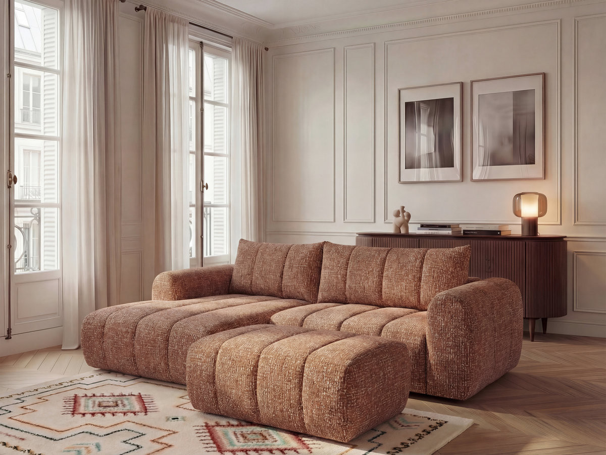 NESTY vaste hoekbank in gemêleerde stof met voetenbank