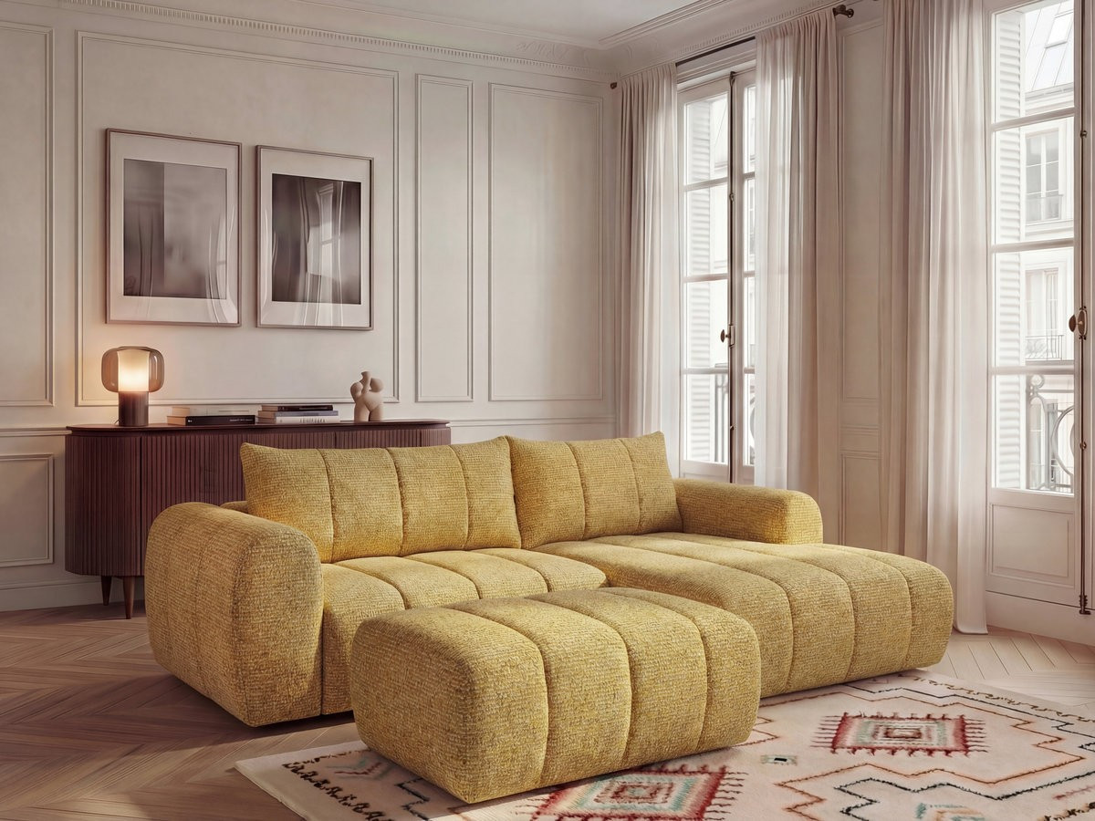 Canapé d'angle fixe NESTY tissu chiné avec pouf