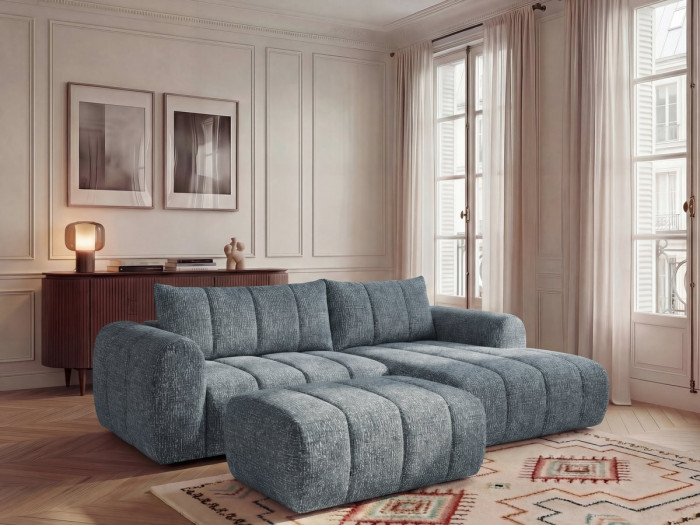 Canapé d'angle fixe NESTY tissu chiné avec pouf