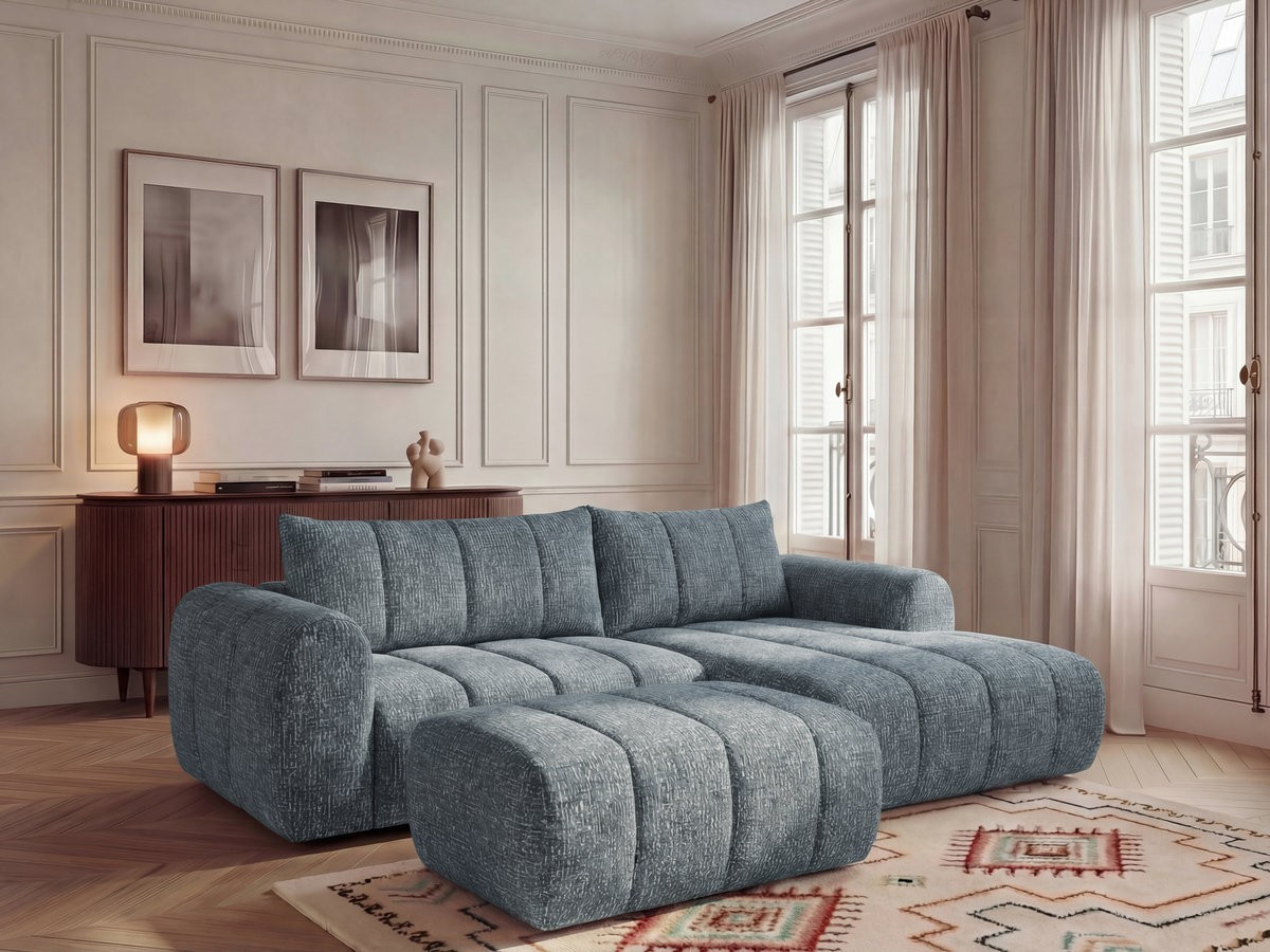 Canapé d'angle fixe NESTY tissu chiné avec pouf