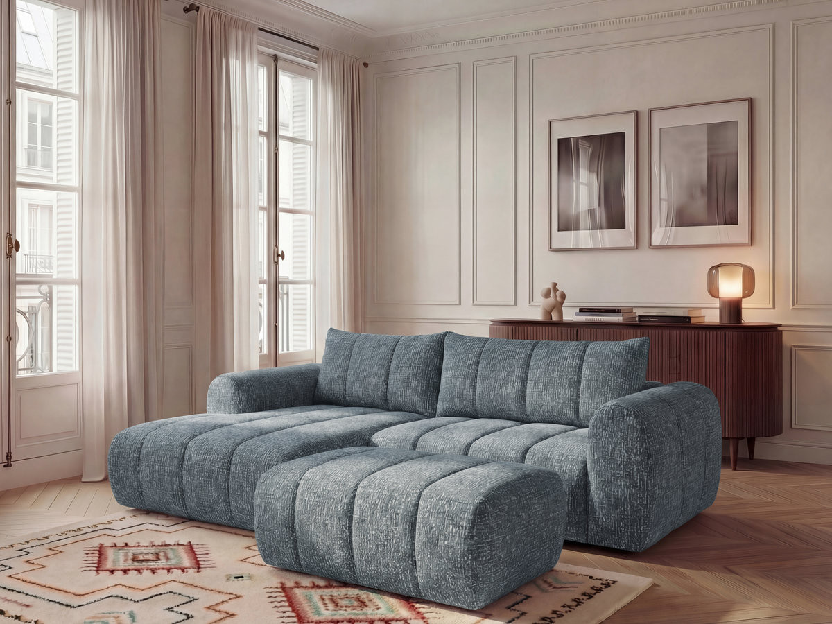 Canapé d'angle fixe NESTY tissu chiné avec pouf