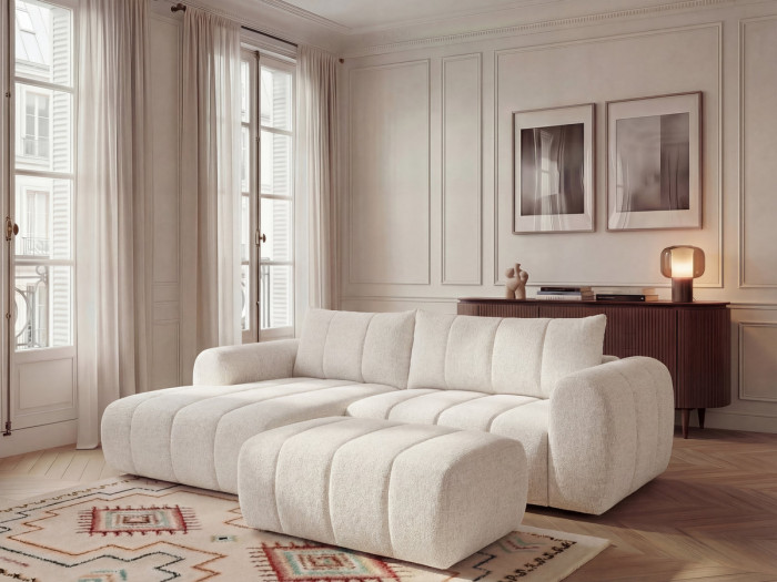 Canapé d'angle fixe NESTY tissu chiné avec pouf