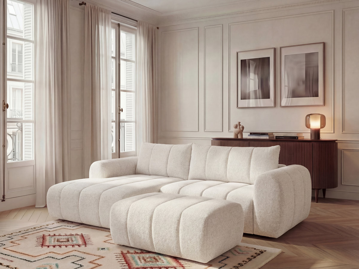 Canapé d'angle fixe NESTY tissu chiné avec pouf