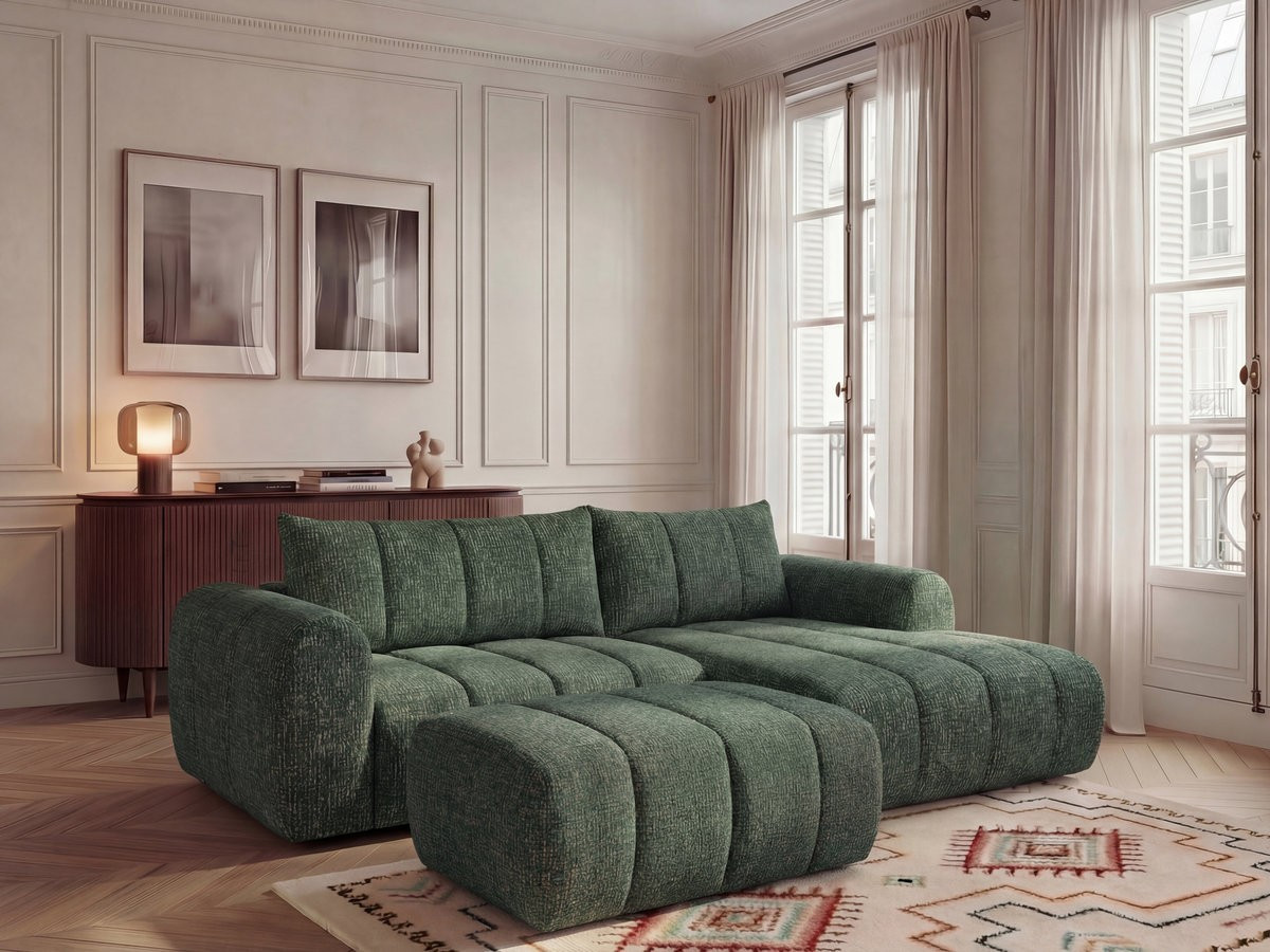 Canapé d'angle NESTY chiné avec pouf vert foncé