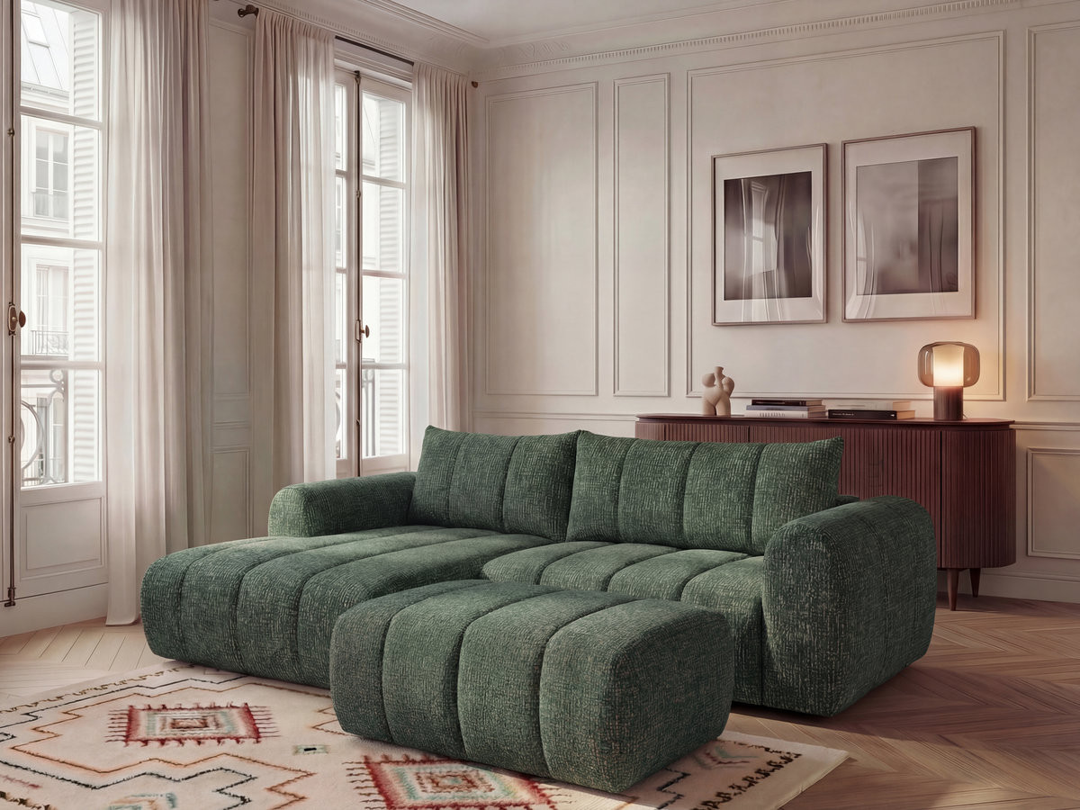 Canapé d'angle fixe NESTY tissu chiné avec pouf
