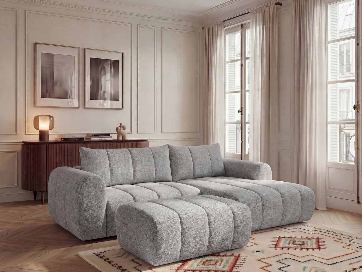 Canapé d'angle fixe NESTY tissu chiné avec pouf