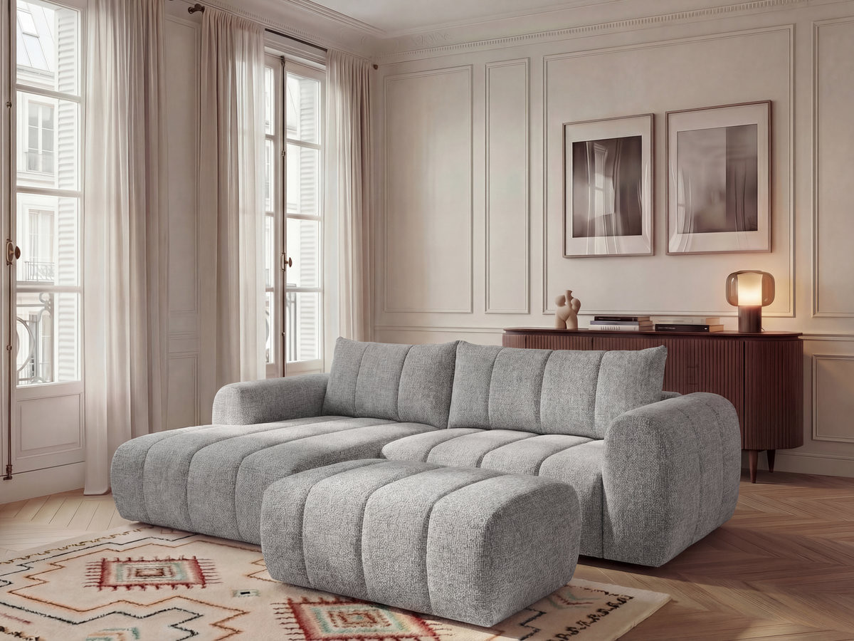 Canapé d'angle fixe NESTY tissu chiné avec pouf