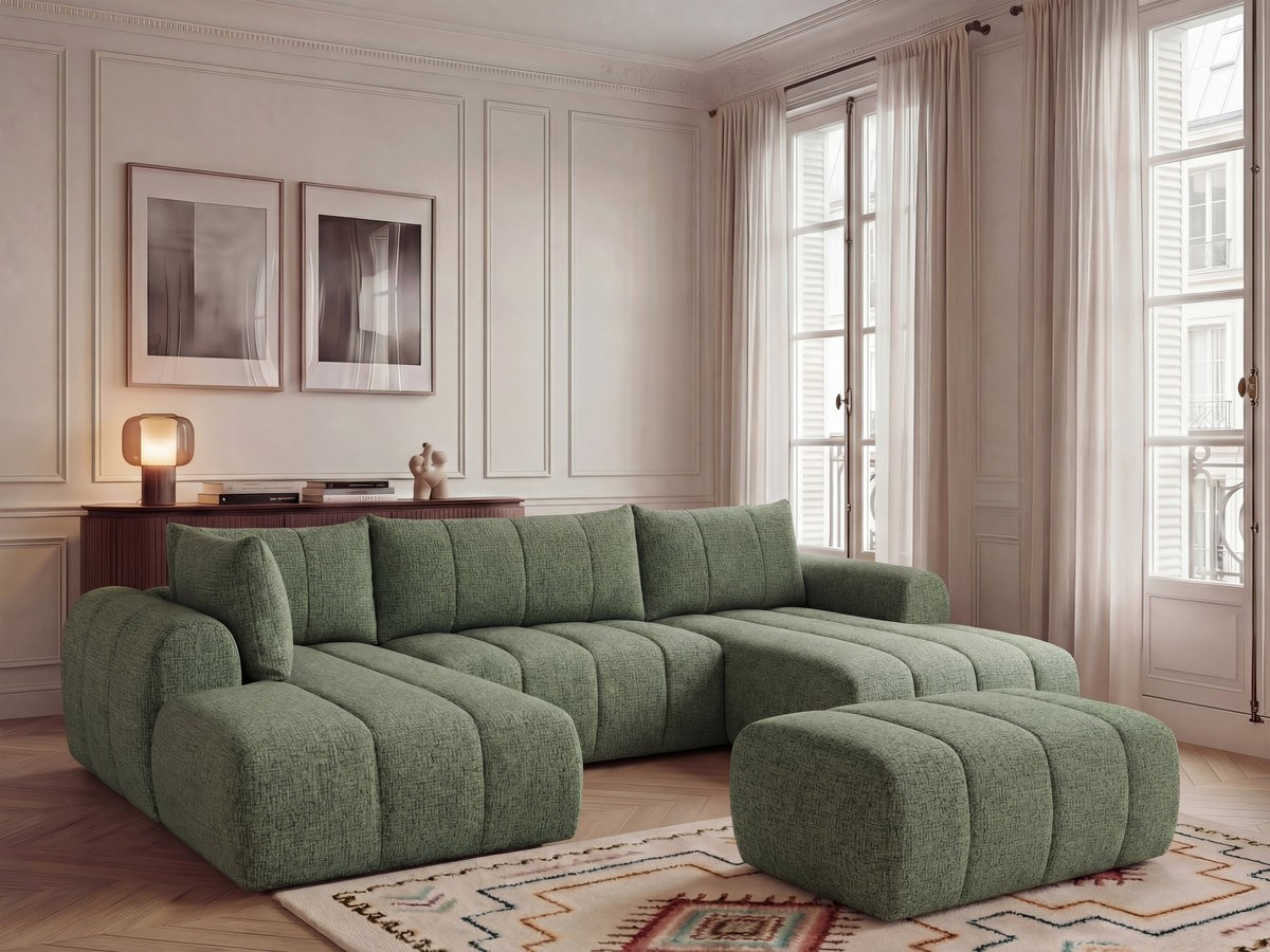 Canapé panoramique NESTY chiné avec pouf vert clair