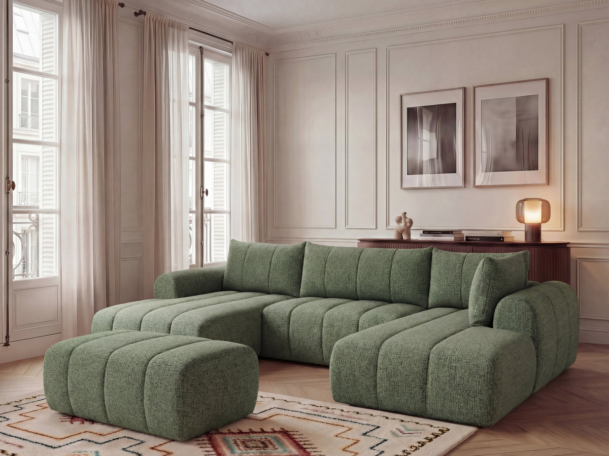 Canapé panoramique fixe NESTY tissu chiné avec pouf