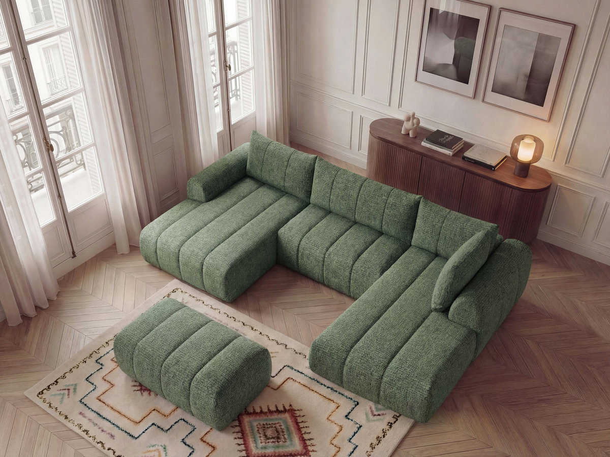 Canapé panoramique fixe NESTY tissu chiné avec pouf