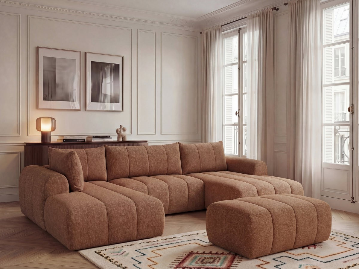 Canapé panoramique fixe NESTY tissu chiné avec pouf