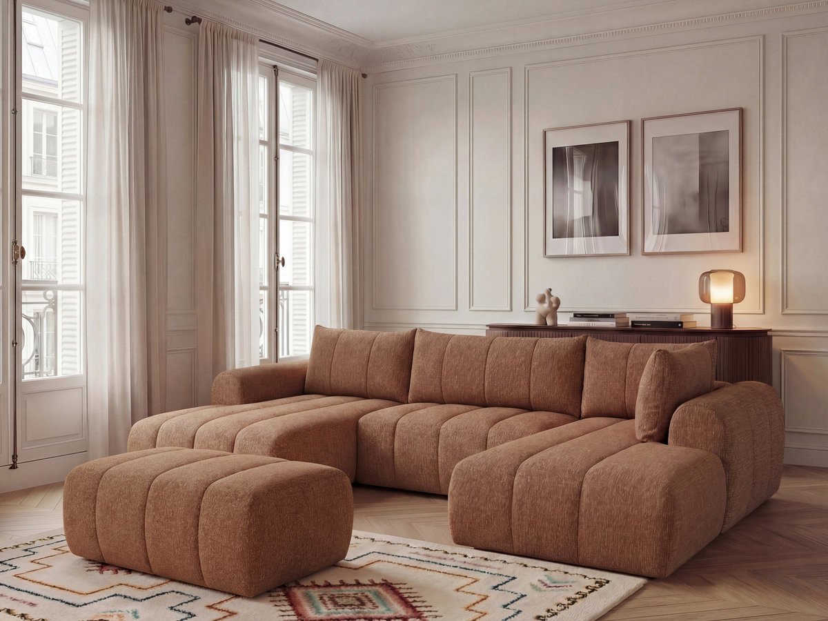 NESTY vaste panoramabank in gemêleerde stof met voetenbank