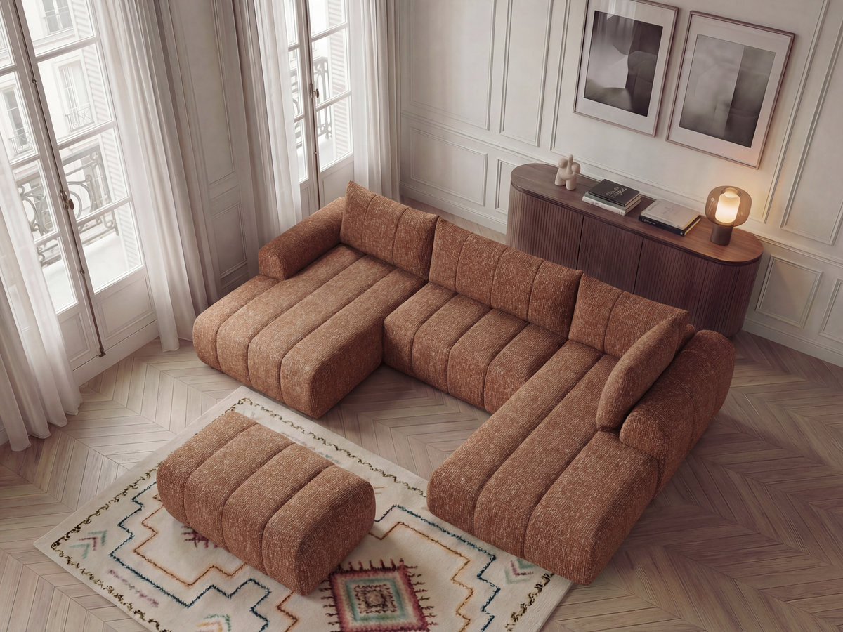 NESTY vaste panoramabank in gemêleerde stof met voetenbank