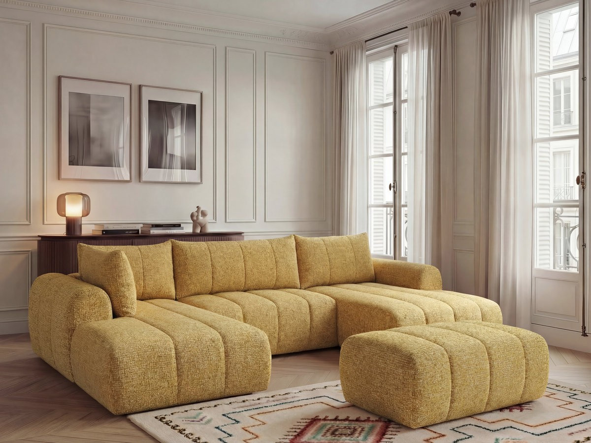 NESTY vaste panoramabank in gemêleerde stof met voetenbank