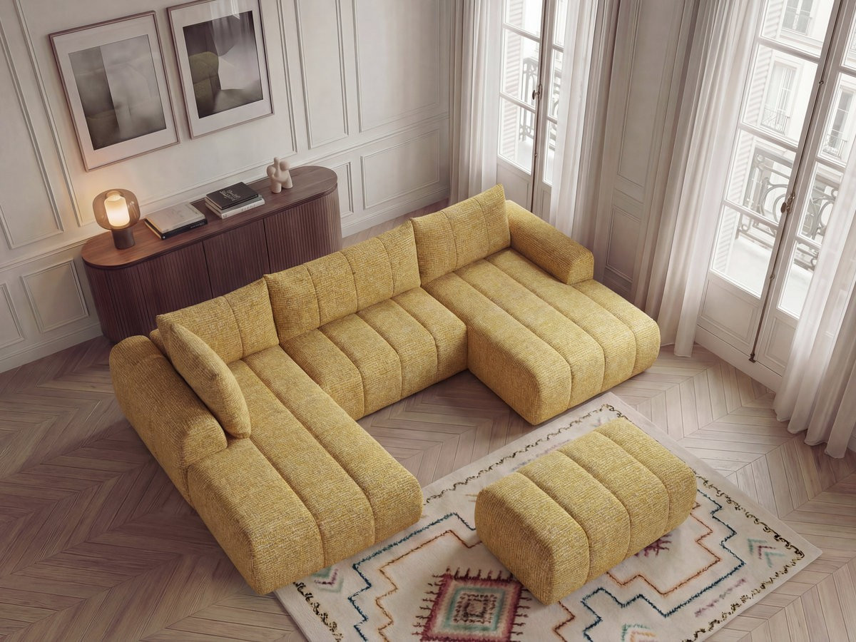 Canapé panoramique NESTY chiné avec pouf jaune — vue 4