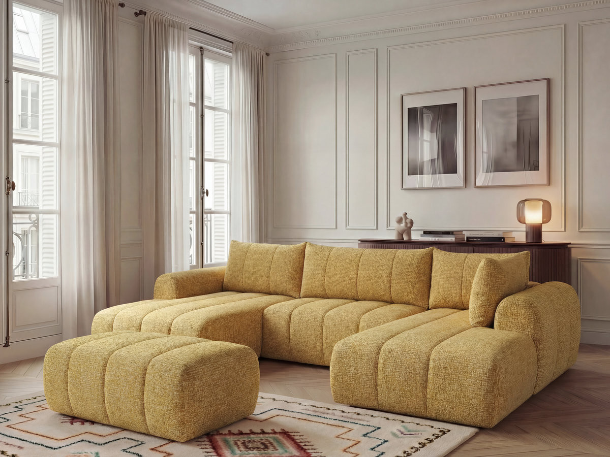 Canapé panoramique fixe NESTY tissu chiné avec pouf