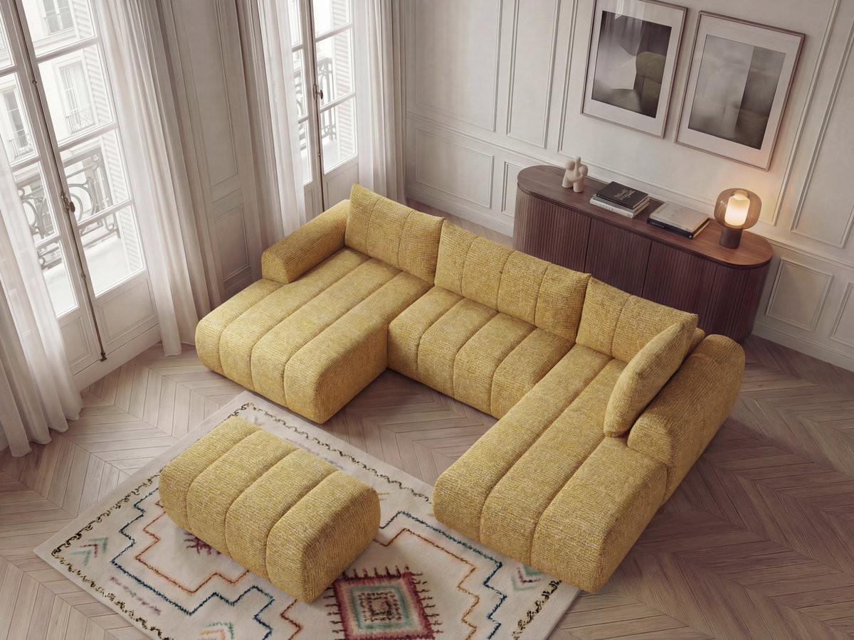 Canapé panoramique fixe NESTY tissu chiné avec pouf