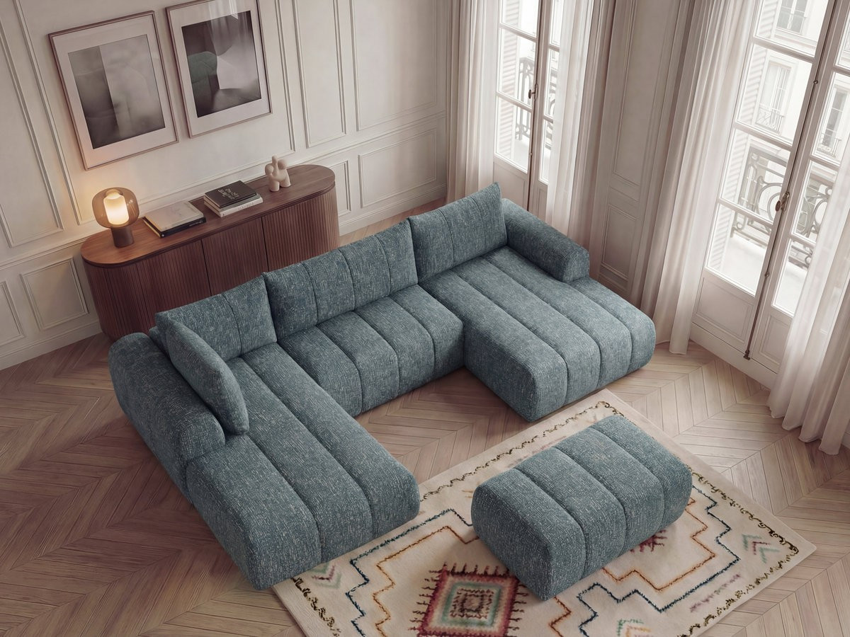 Canapé panoramique fixe NESTY tissu chiné avec pouf