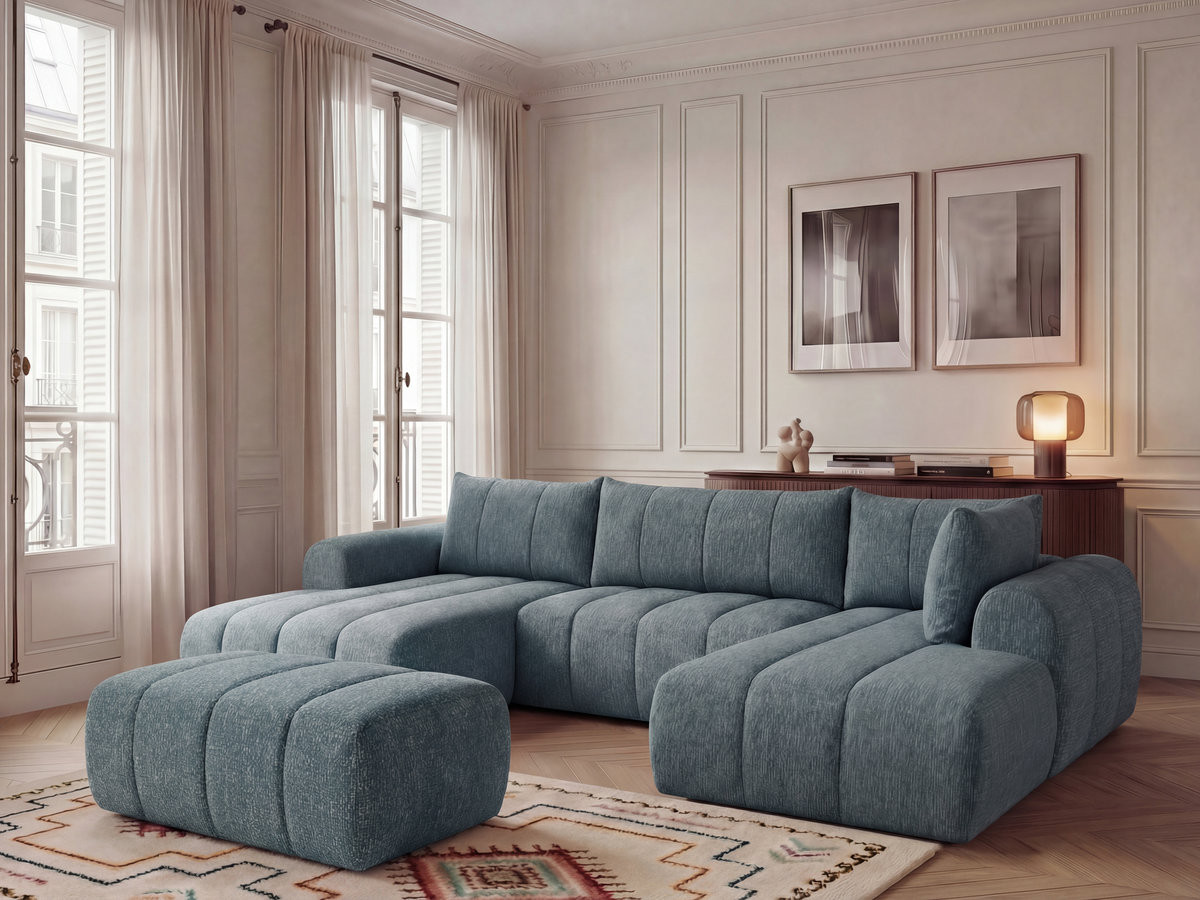 Canapé panoramique fixe NESTY tissu chiné avec pouf