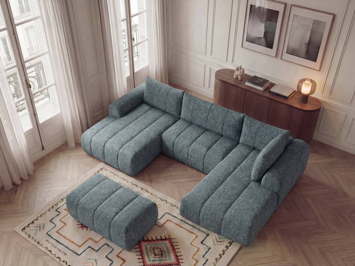 Canapé panoramique fixe NESTY tissu chiné avec pouf