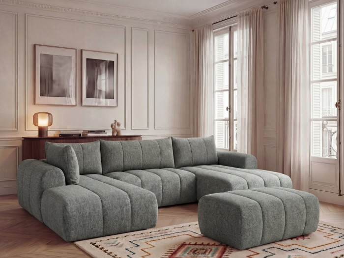 Canapé panoramique fixe NESTY tissu chiné avec pouf