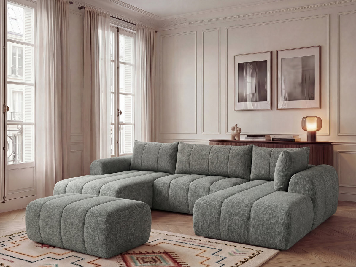 Canapé panoramique fixe NESTY tissu chiné avec pouf gris foncé  angle gauche BOBOCHIC 5 places