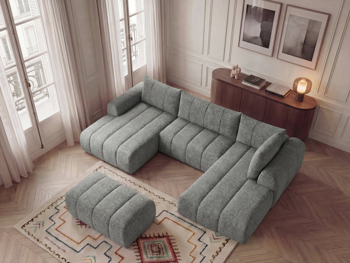 Canapé panoramique fixe NESTY tissu chiné avec pouf