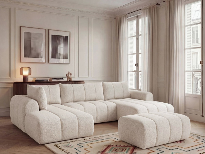 Canapé panoramique fixe NESTY tissu chiné avec pouf