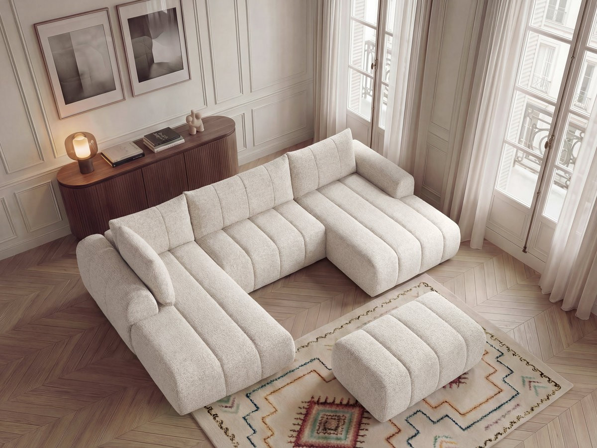 Canapé panoramique fixe NESTY tissu chiné avec pouf