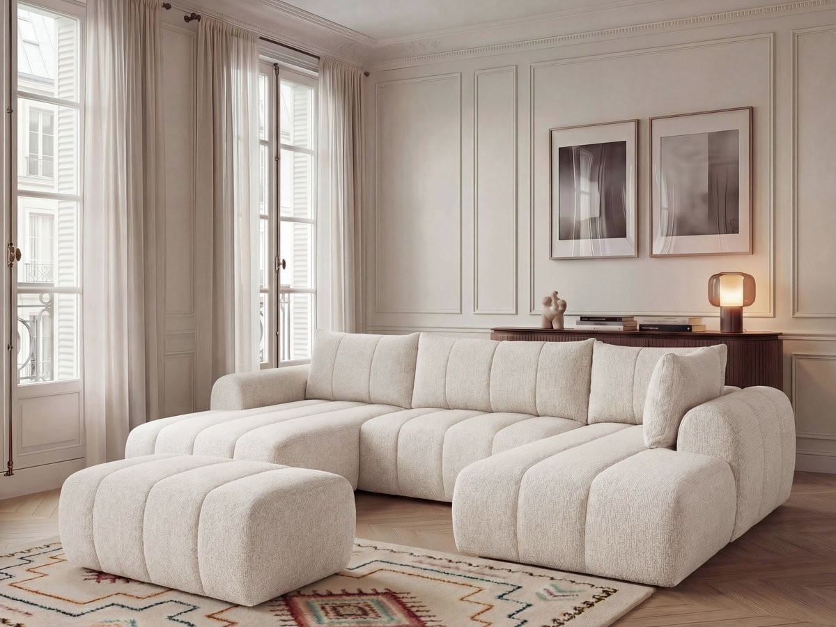 Canapé panoramique fixe NESTY tissu chiné avec pouf