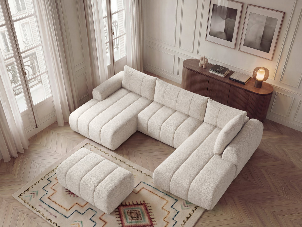 Canapé panoramique fixe NESTY tissu chiné avec pouf