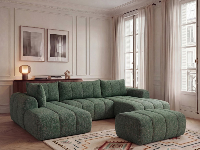 Canapé panoramique fixe NESTY tissu chiné avec pouf